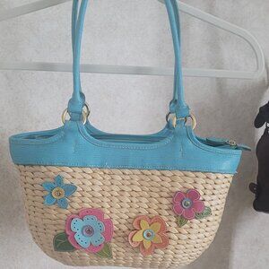 Flower Embellished Woven Straw Purse Vintage Multi Color Bag with Blue Trim